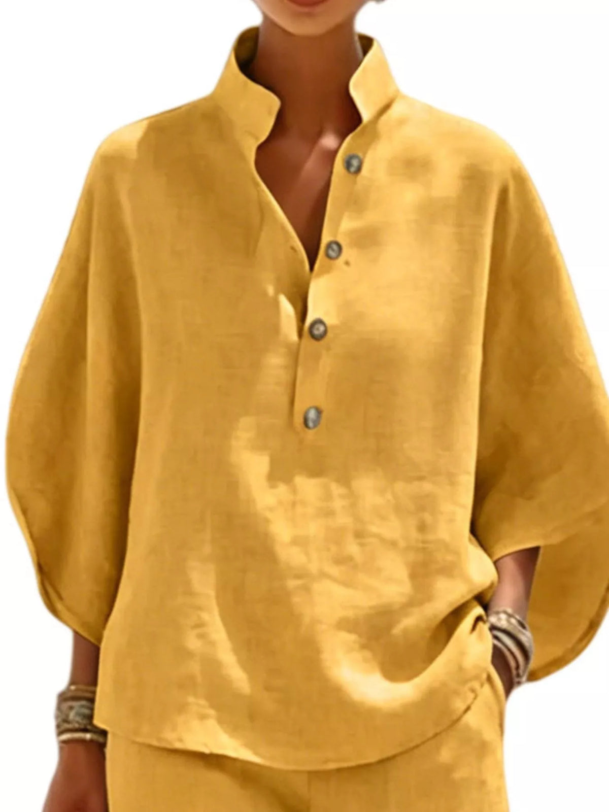 Button Detail Loose Fit Top and Shorts Set in mustard, top detail