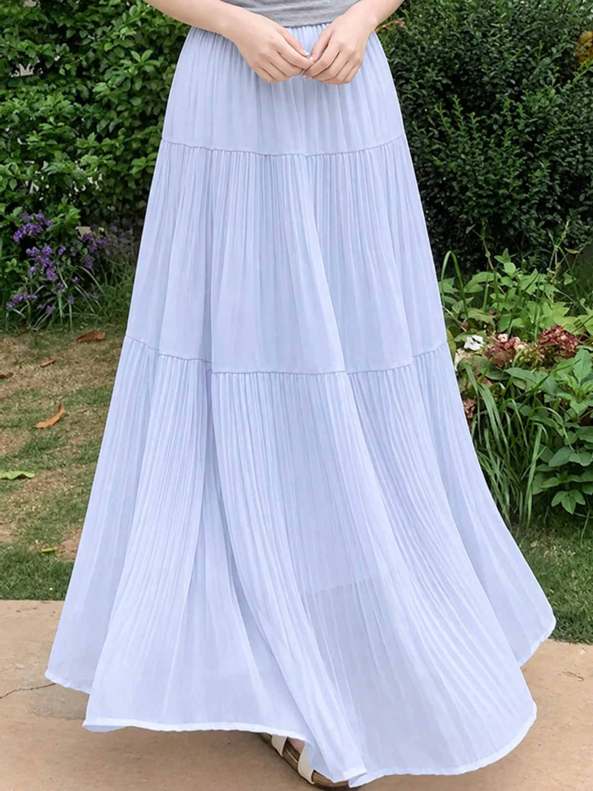 High-Waisted Tiered Pleated Maxi Skirt, front view