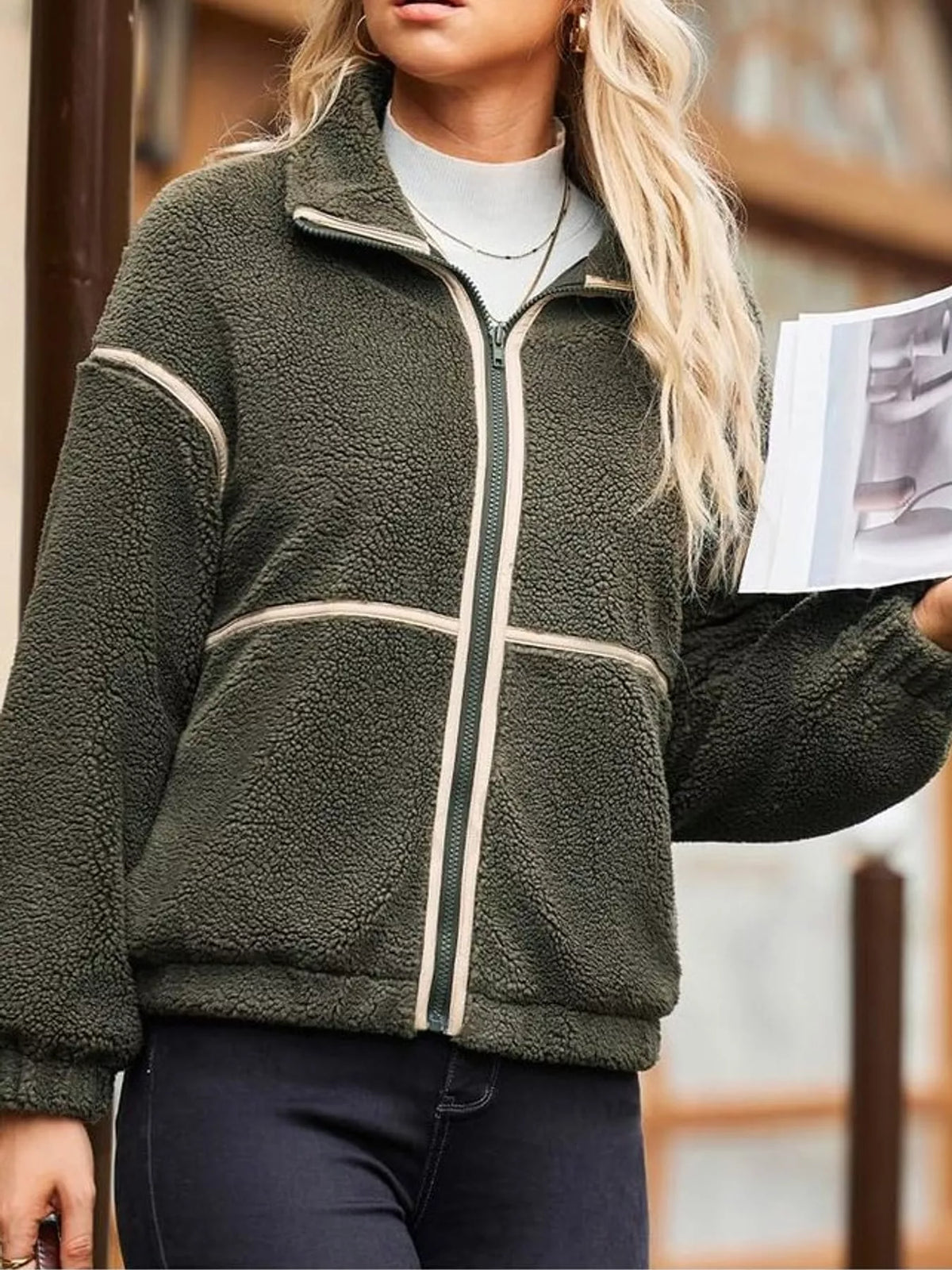 Stand Collar Sherpa Fleece Zip-Up Jacket — front view