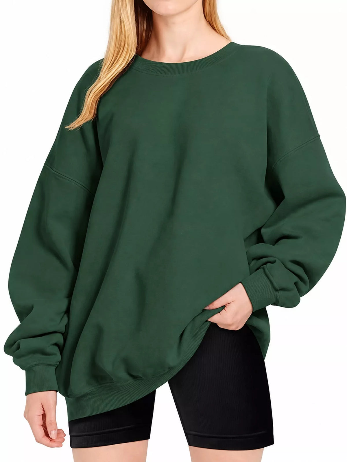Ribbed Trim Crew Neck Sweatshirt in green, front view