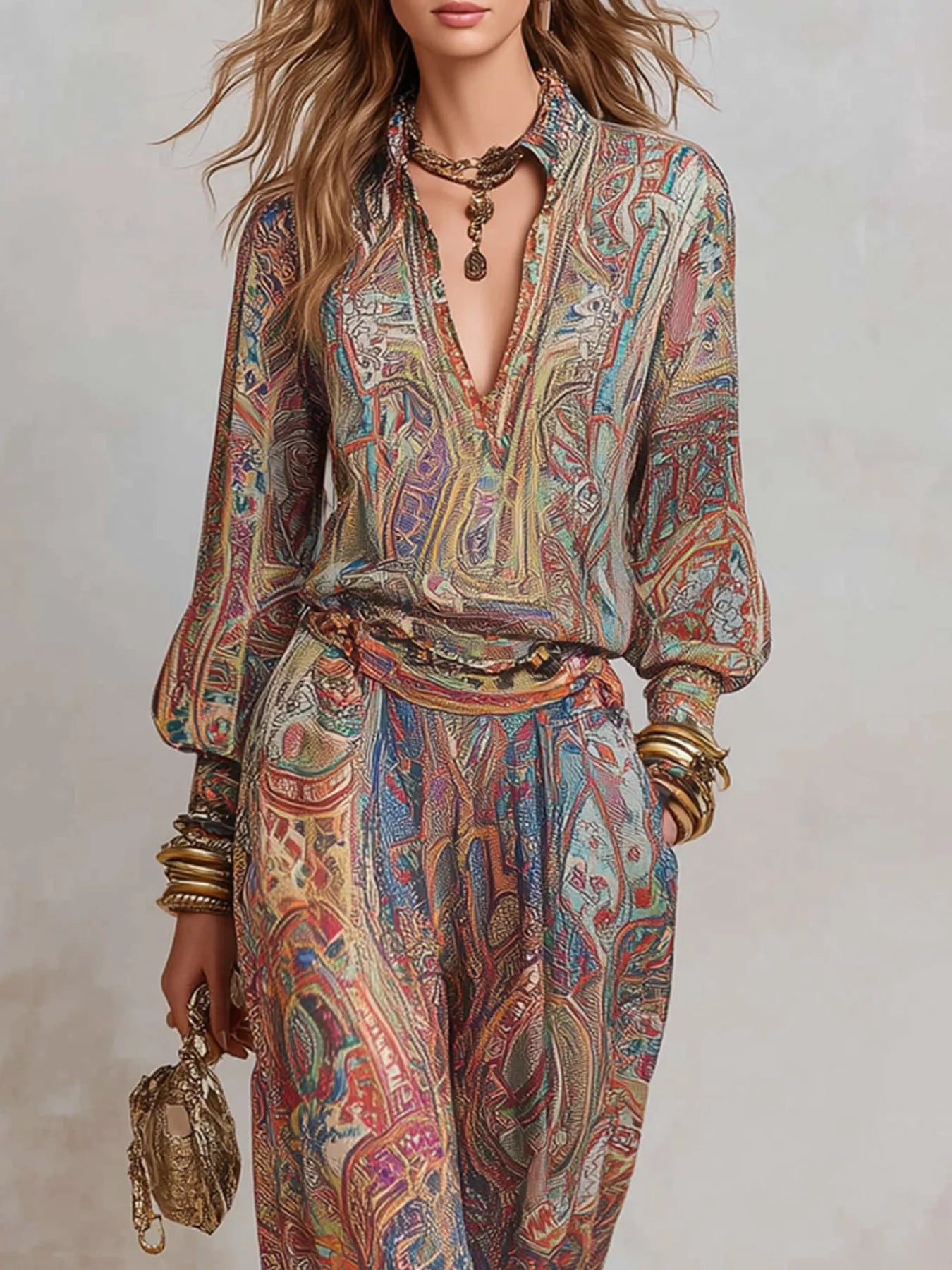 Trendsi Paisley Print Long Sleeve Top and Pants Set -