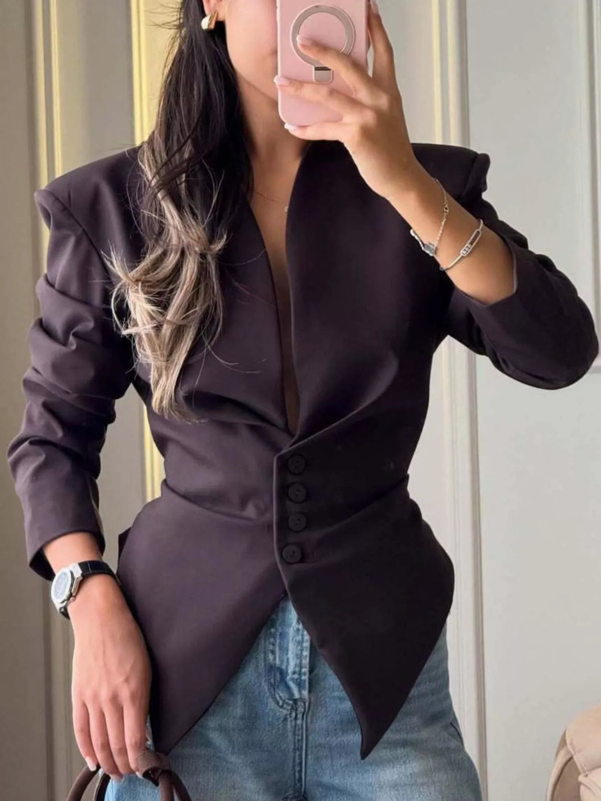 V-neck long sleeve blazer, front view on model