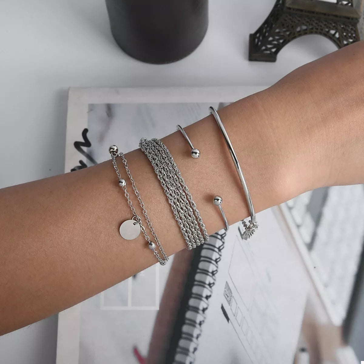 Trendsi 4 Piece Silver-Plated Minimalist Bracelet -