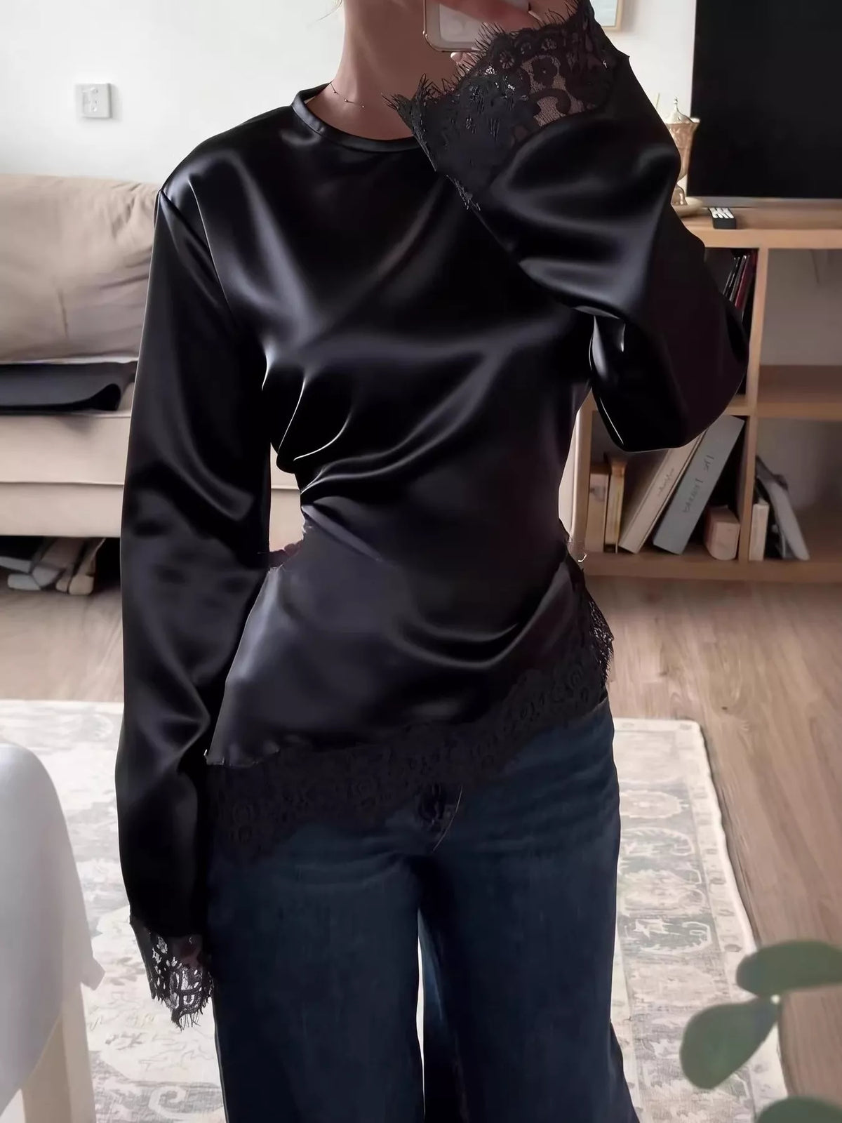 Black lace detail long sleeve blouse — front view