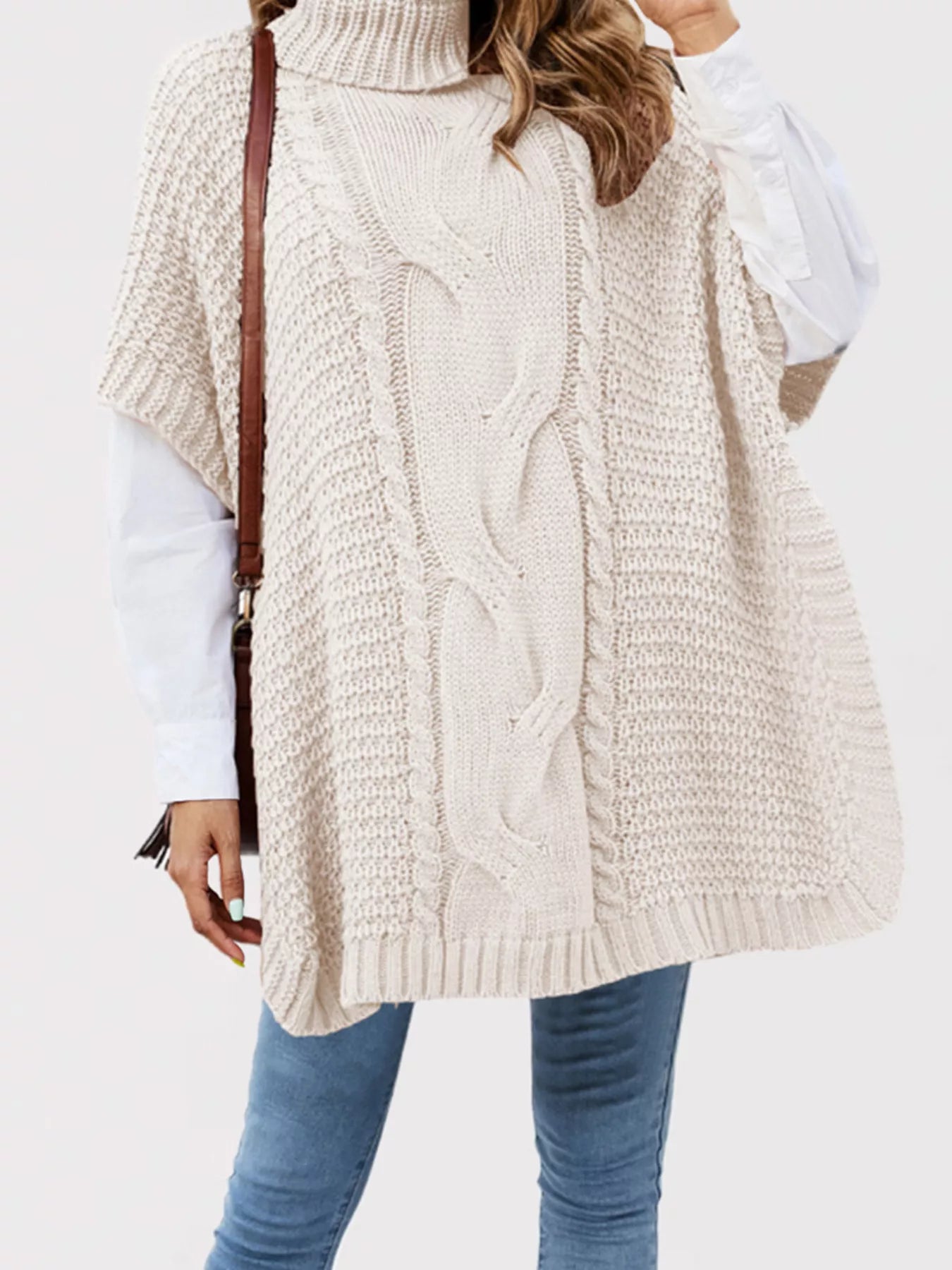 Trendsi Turtleneck Cable-Knit Short Sleeve Oversized Sweater -