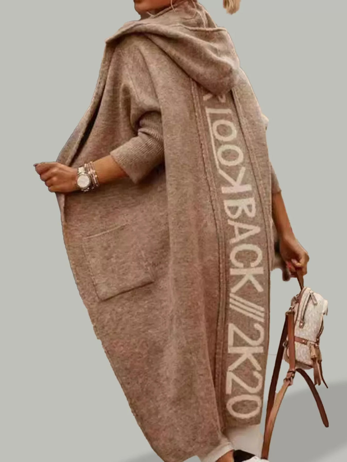 Women's Letter Back Hooded Cardigan in Light Brown, alternate view