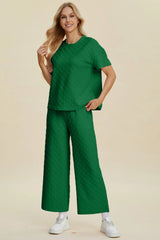 Trendsi Double Take Full Size Texture Round Neck Short Sleeve Top and Pants Set -