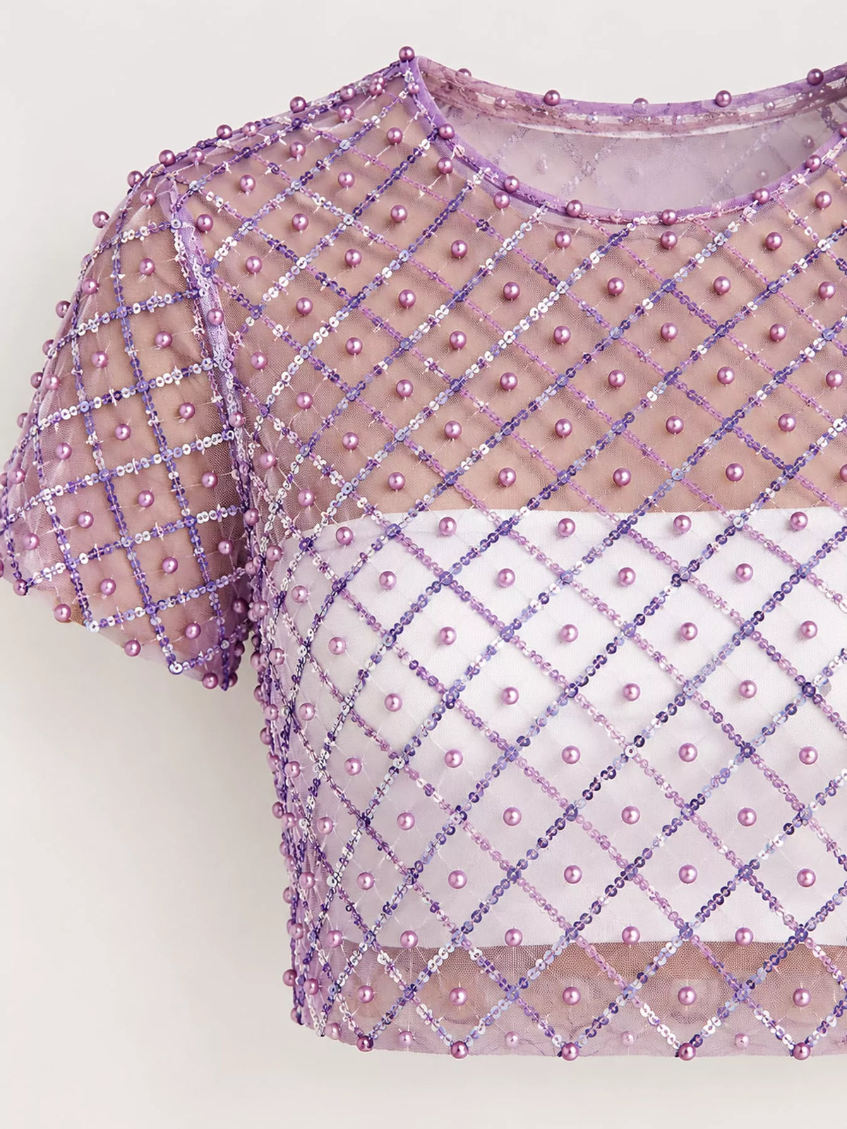 Sheer Mesh Pearl Embellished Crop Blouse, detail view in purple