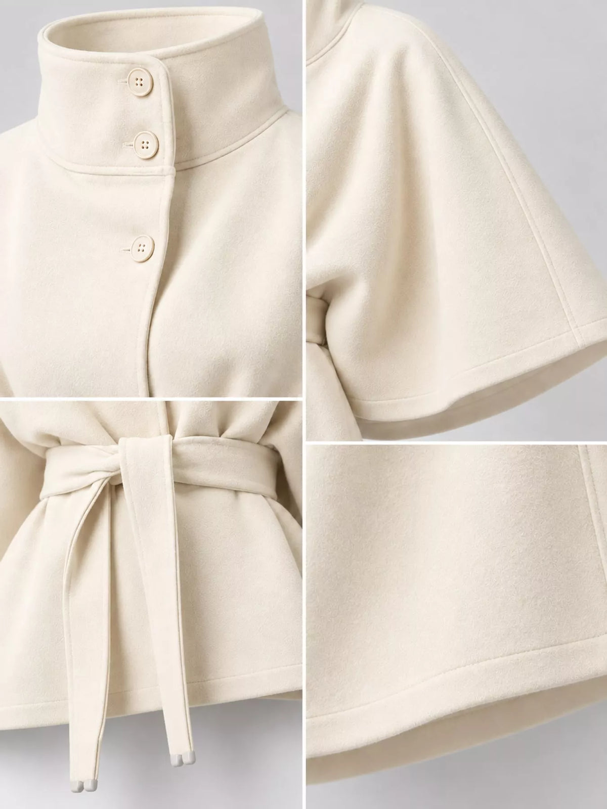 White belted button-front cape — design and construction details