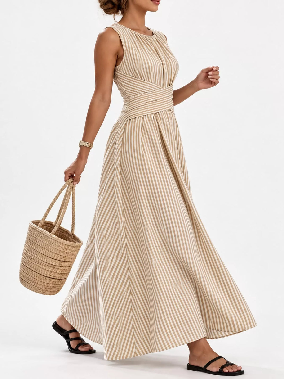Women's Sleeveless Striped Maxi Dress with Criss-Cross Waist Detail in beige striped — side view