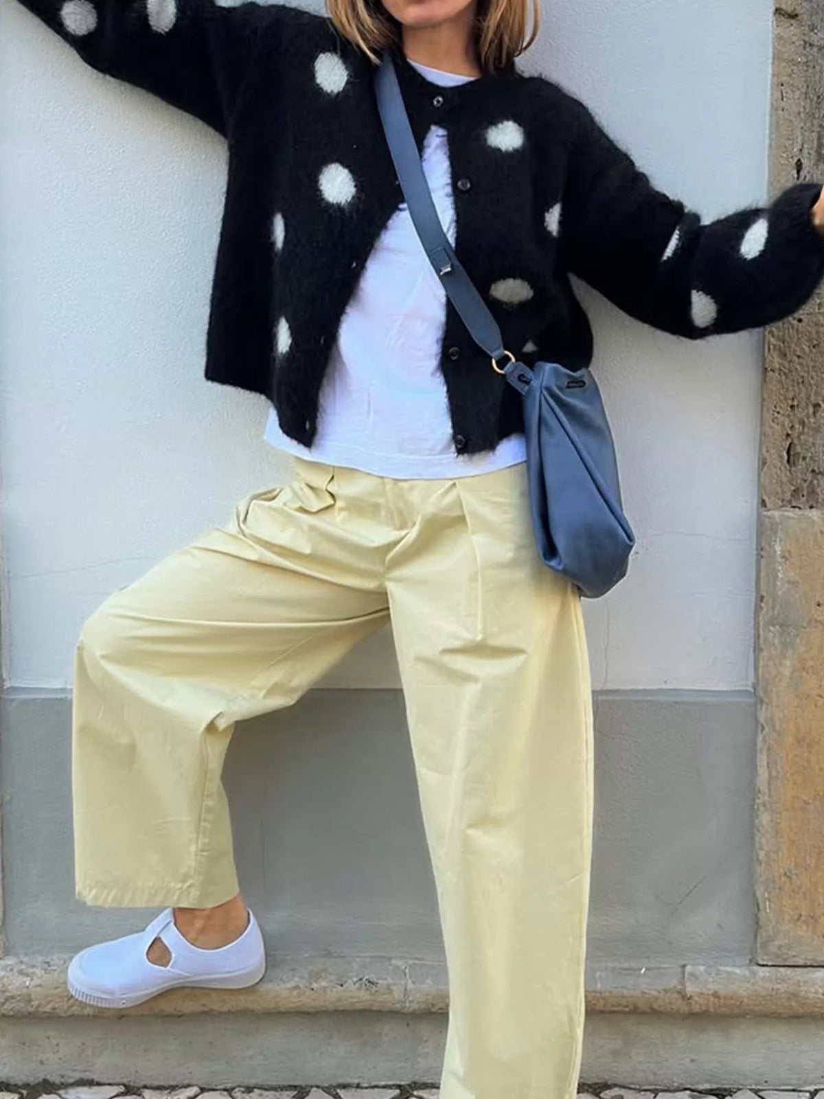 Polka dot fuzzy knit button-up cardigan