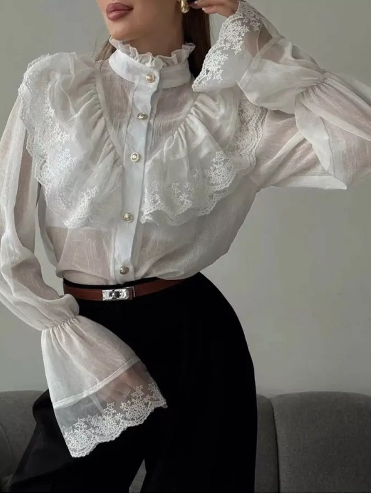 Lace Button-Up Flounce Sleeve Shirt — front view