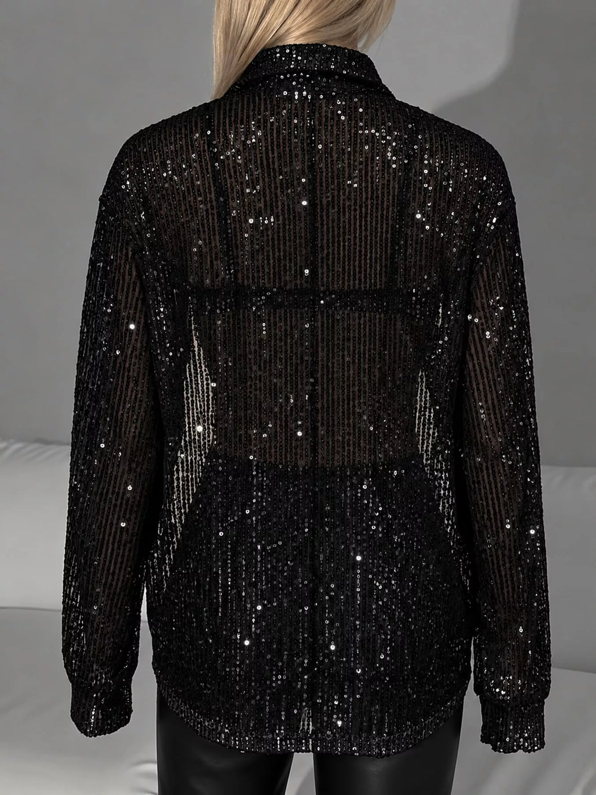Black sequin button up long sleeve shirt, back view