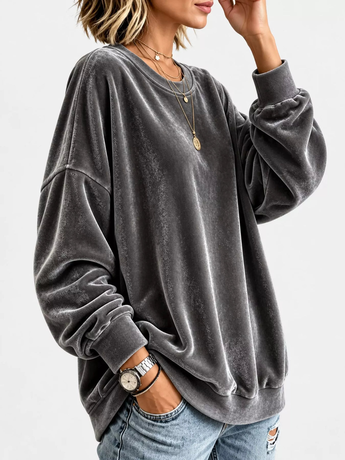 Crew-neck sweatshirt, gray side