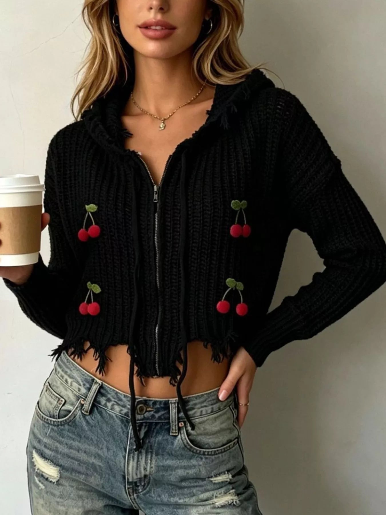 Trendsi Cherry Knit Zip-Up Hooded Sweater -