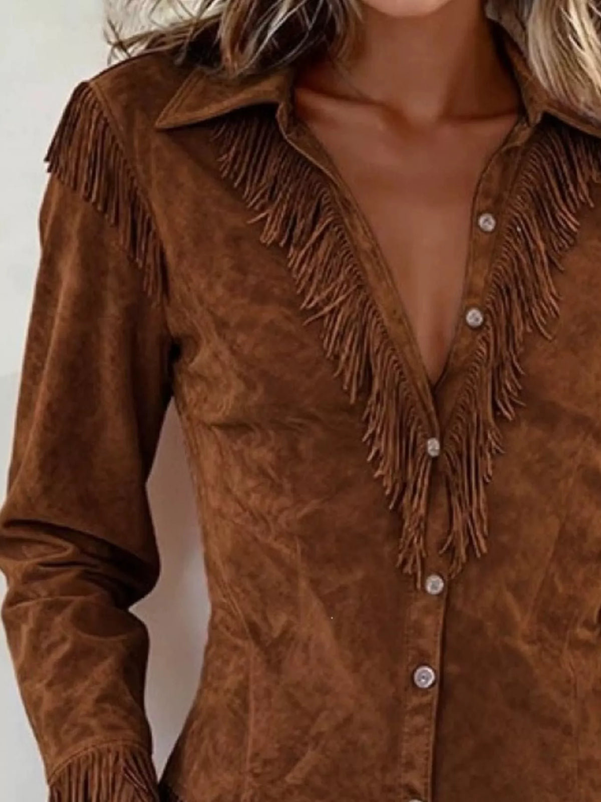Trendsi Fringed Button Up Long Sleeve Shirt -