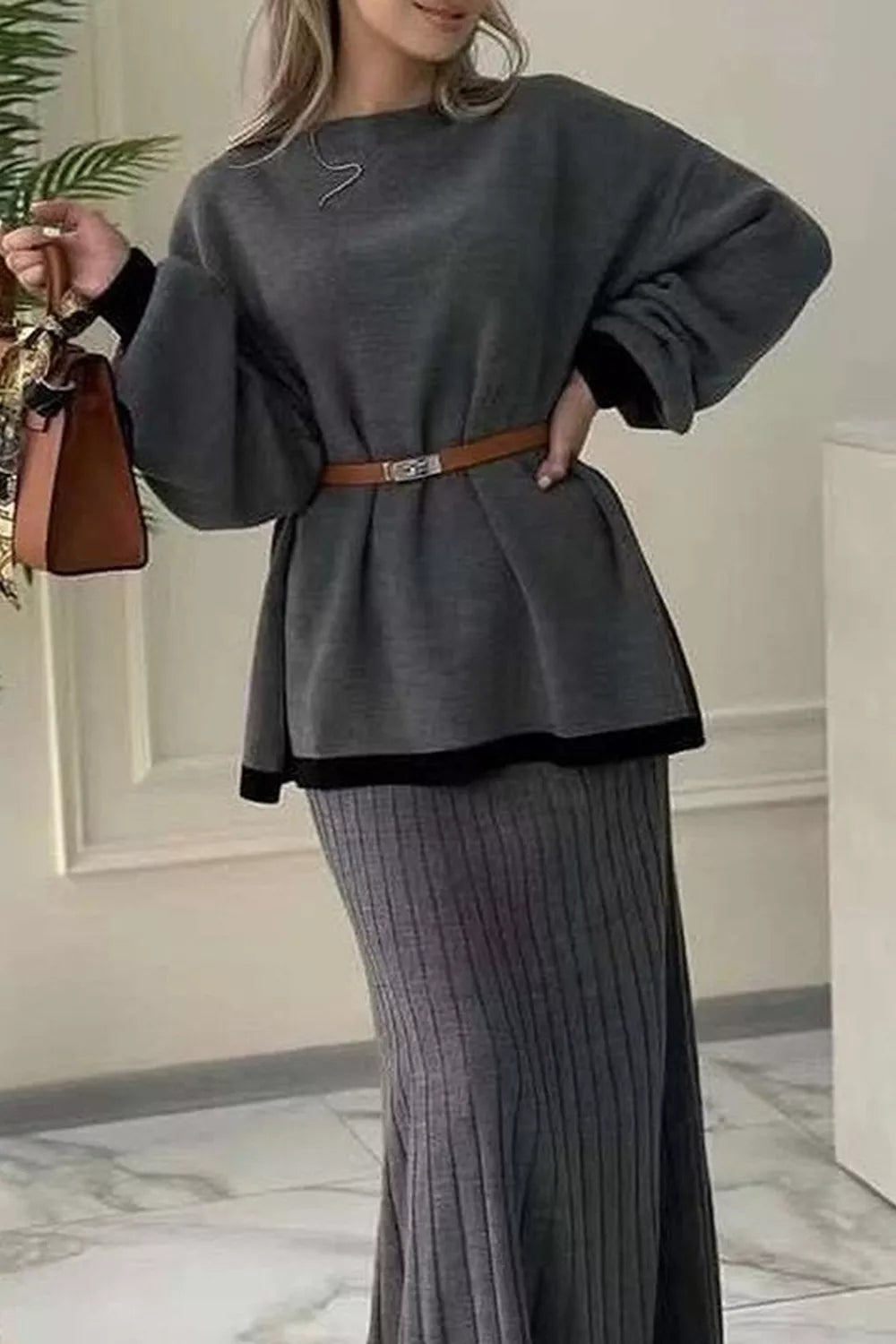 Trendsi Contrast Trim Ribbed Knit Sweater and Skirt Set -