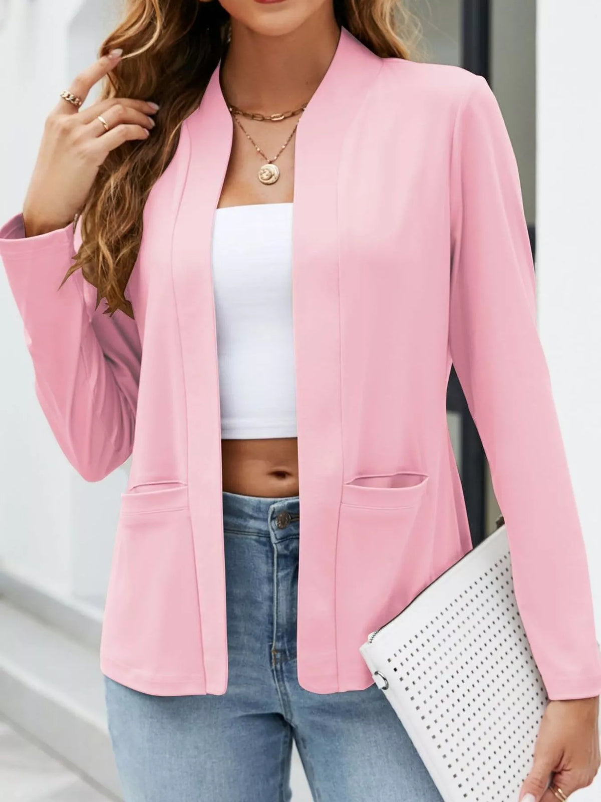 Mandarin neck long sleeve blazer, front view on model