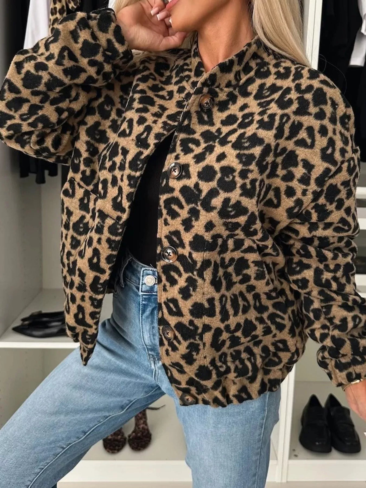 Women's Leopard Print Button-Down Jacket in tan leopard — front view