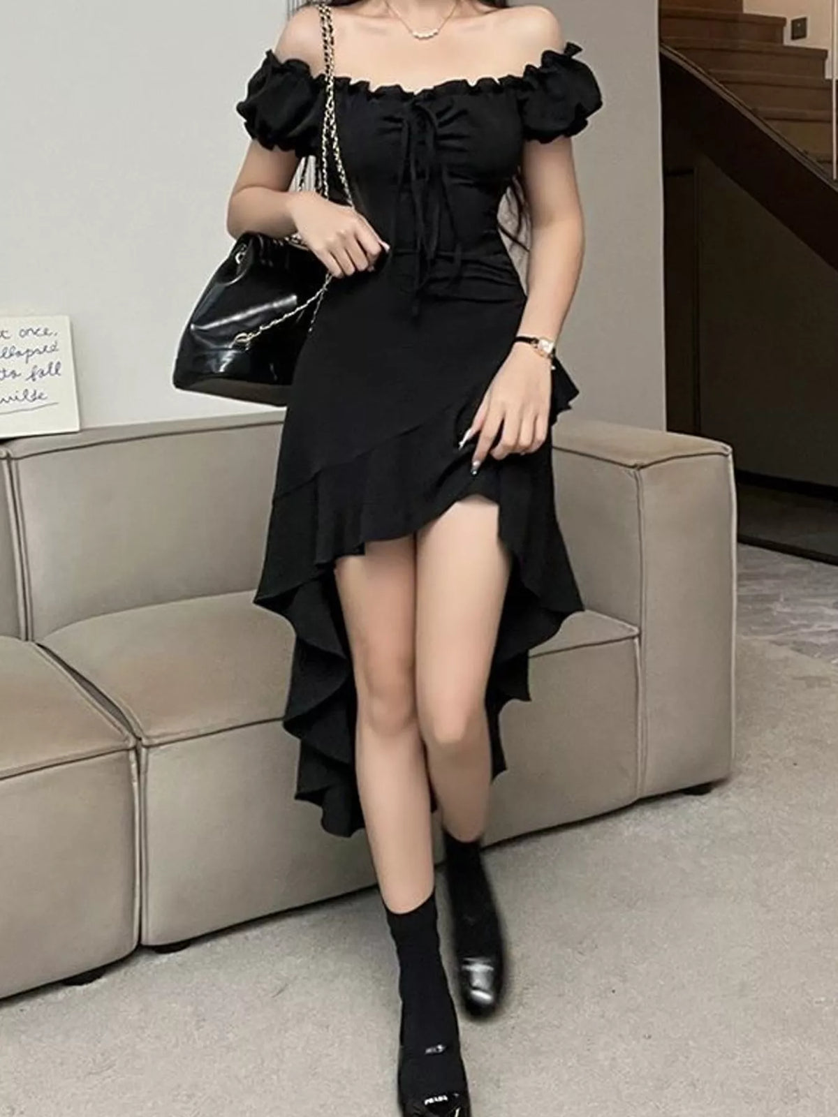 Off-shoulder short sleeve dress, front view on model