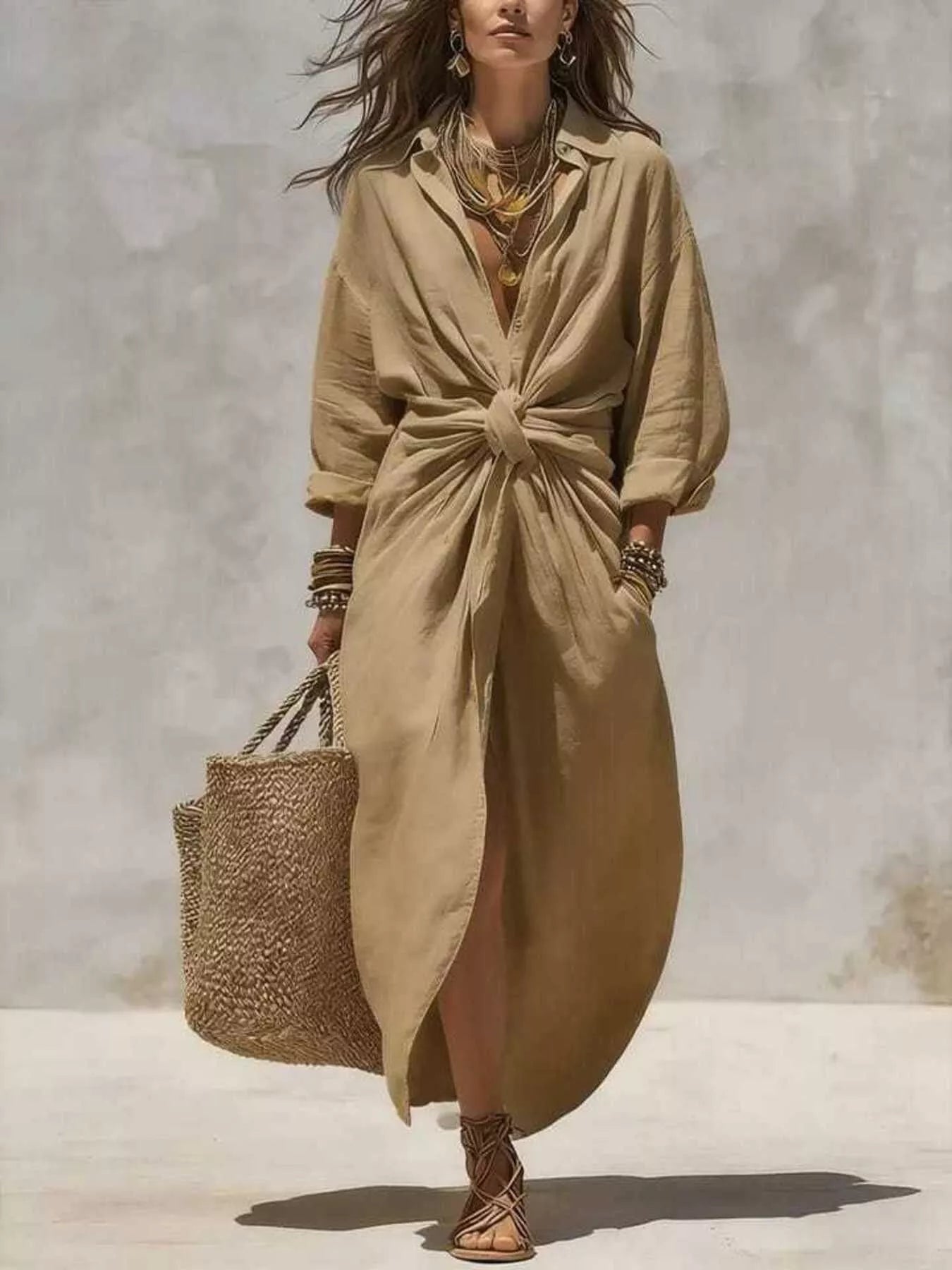 Trendsi Front-Tie Maxi Shirt Dress -
