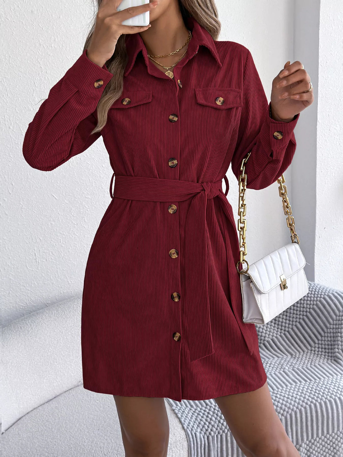Corduroy Button-Down Shirt Dress in burgundy, front view
