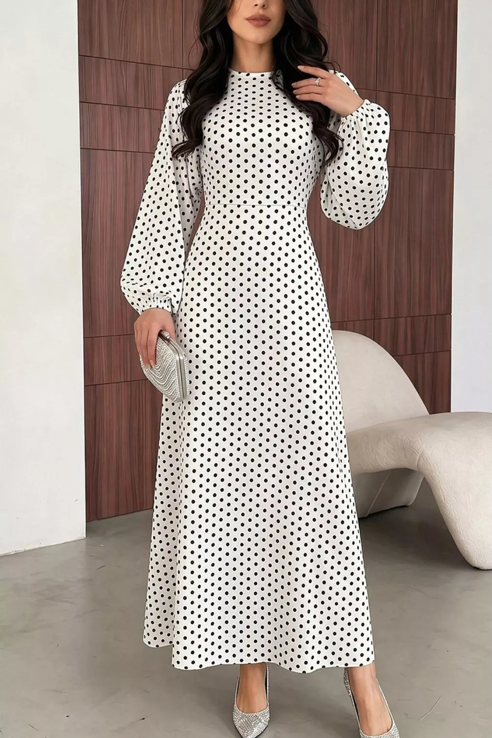 White polka dot long sleeve maxi dress