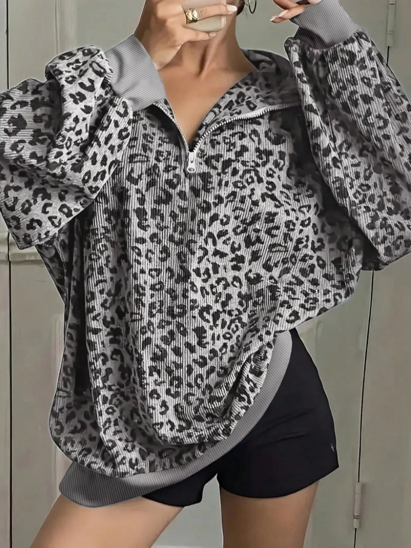 Trendsi Leopard Print Quarter-Zip Sweatshirt -