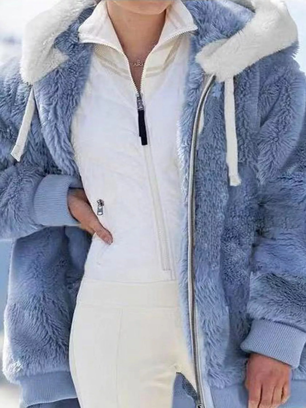 Light blue with white hood trim faux fur zip up hooded jacket, front view