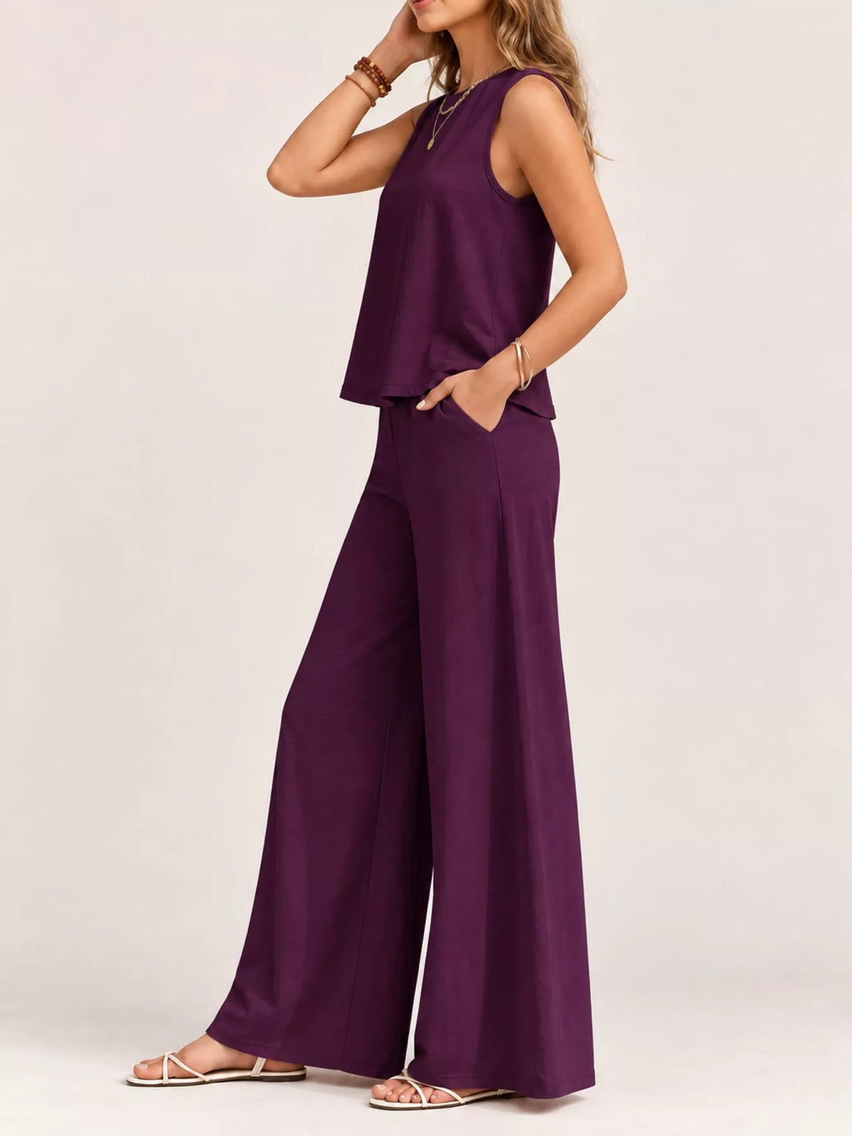 Sleeveless Tank Top and Wide-Leg Pants Set — side view