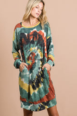Trendsi BiBi Tie Dye Print Knit Dress with Side Pocket -