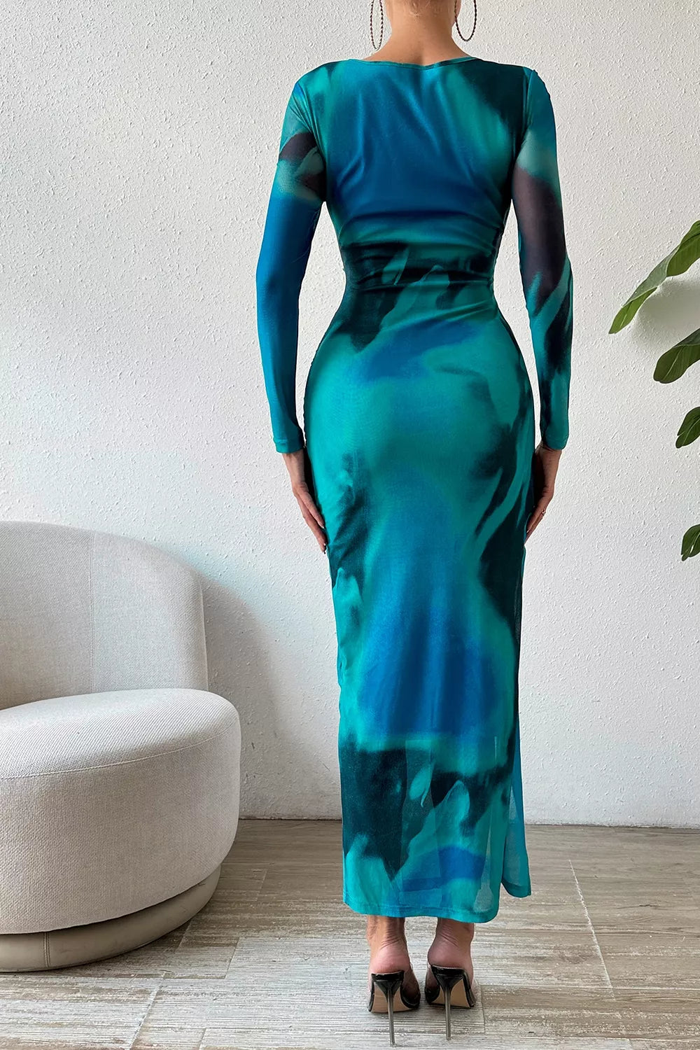 Trendsi Ruched Tie-Dye Midi Dress with High Slit -