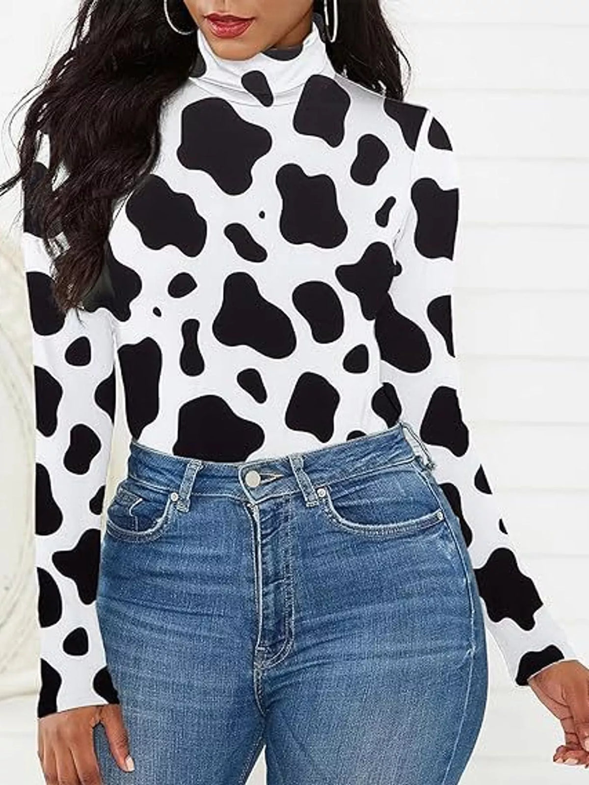 Long Sleeve Turtleneck Slim-Fit Bodysuit in black and white