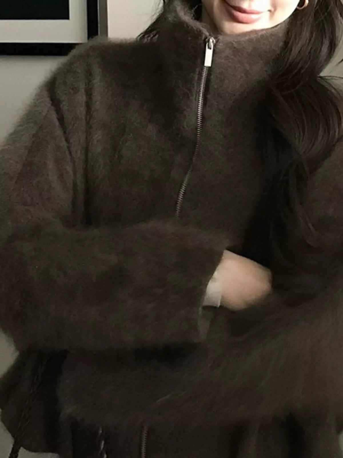 Fuzzy Zip-Up Stand Collar Jacket, detail view in brown
