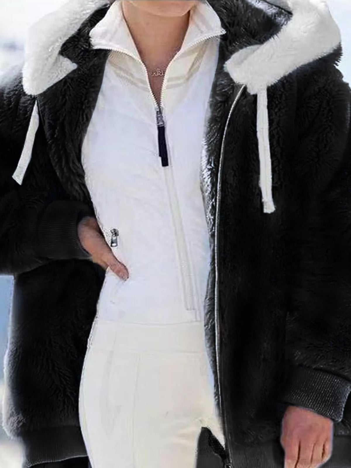 Black with white hood trim faux fur zip up hooded jacket, front view