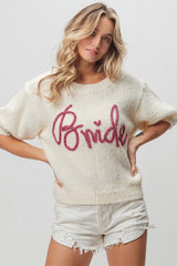 Trendsi BiBi Metallic Letter Short Puff Sleeve Hairy Sweater -