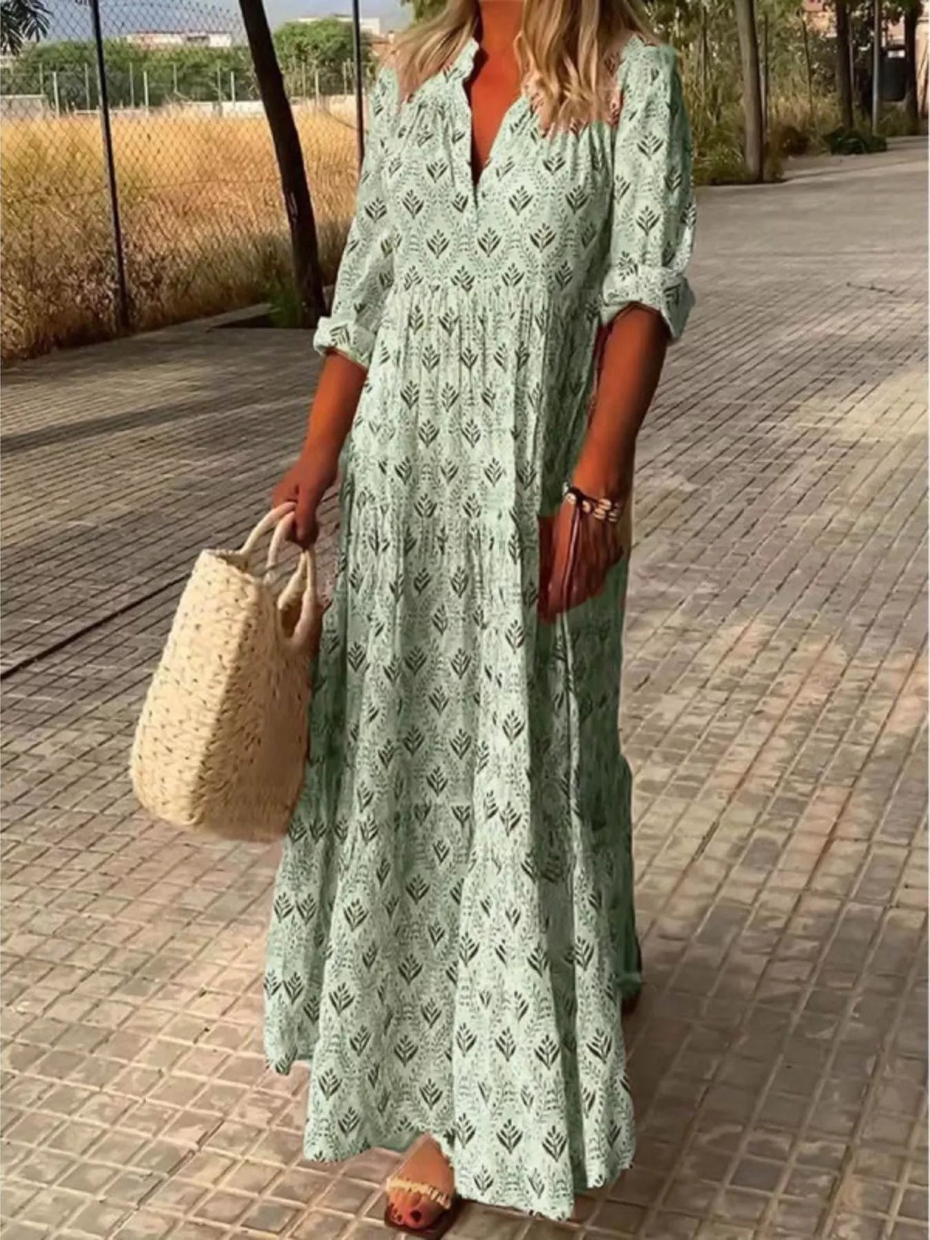 Printed notched tiered maxi dress