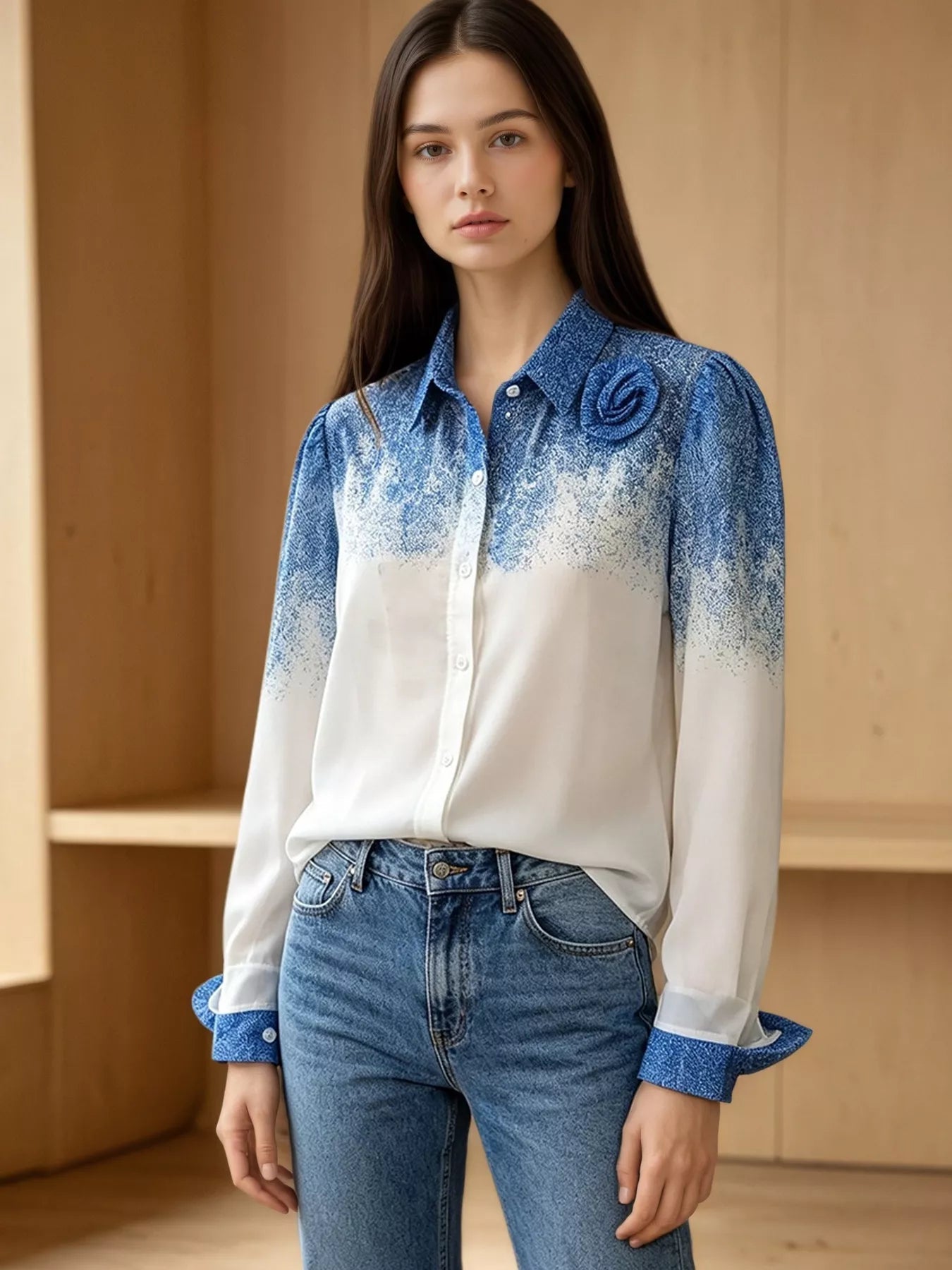 Trendsi Flower Gradient Button Up Shirt -