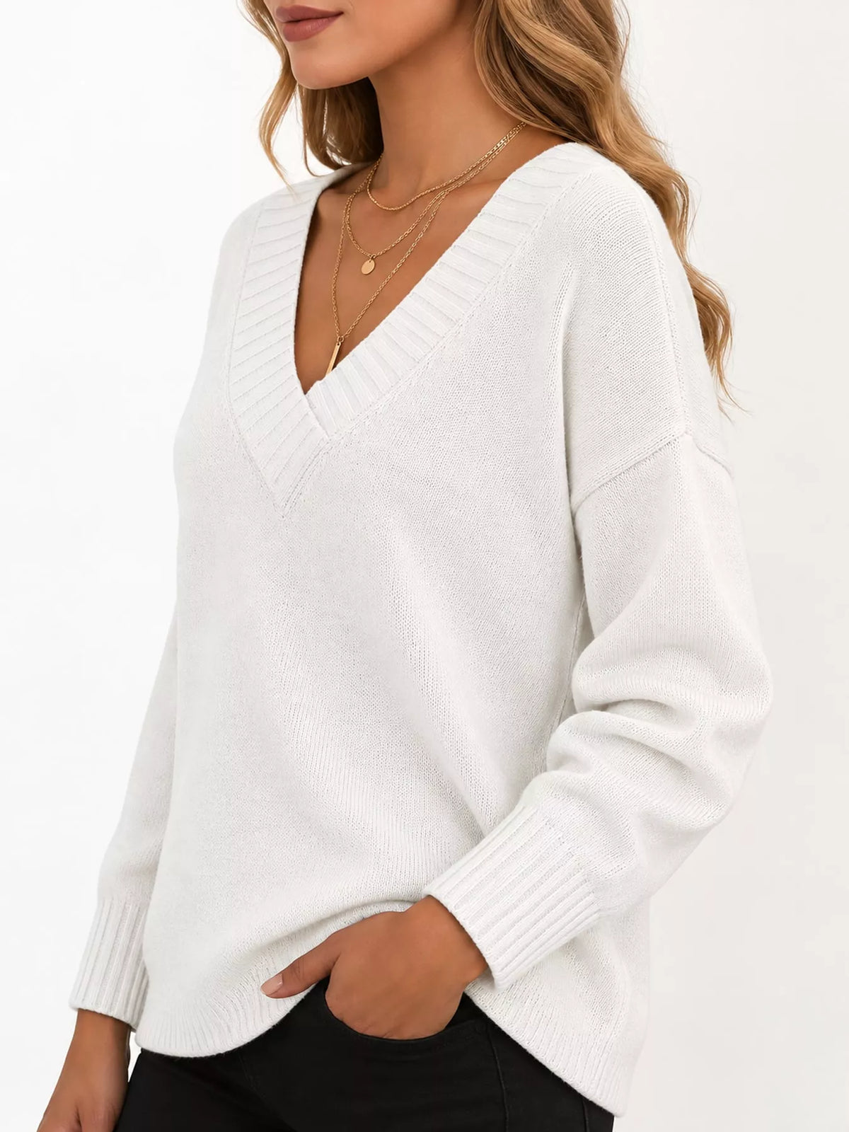 V-neck sweater, white side