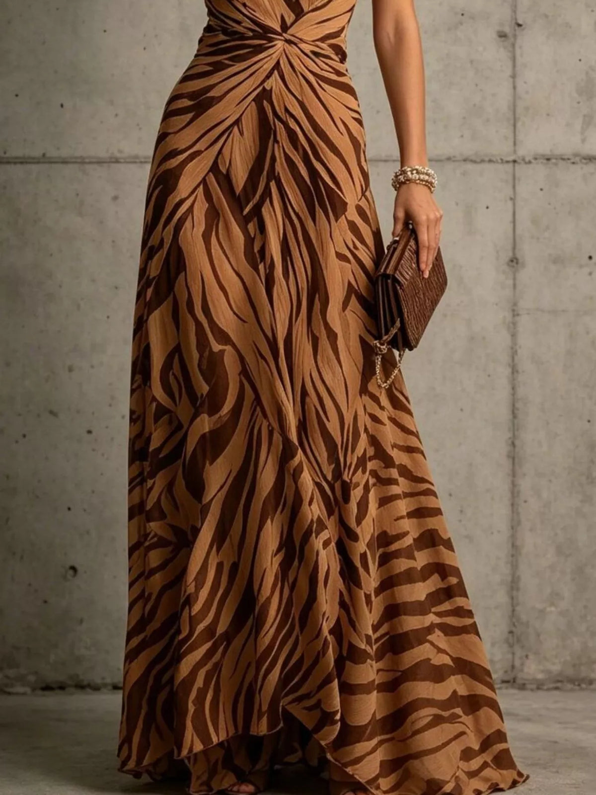 Animal-print maxi dress, brown skirt detail