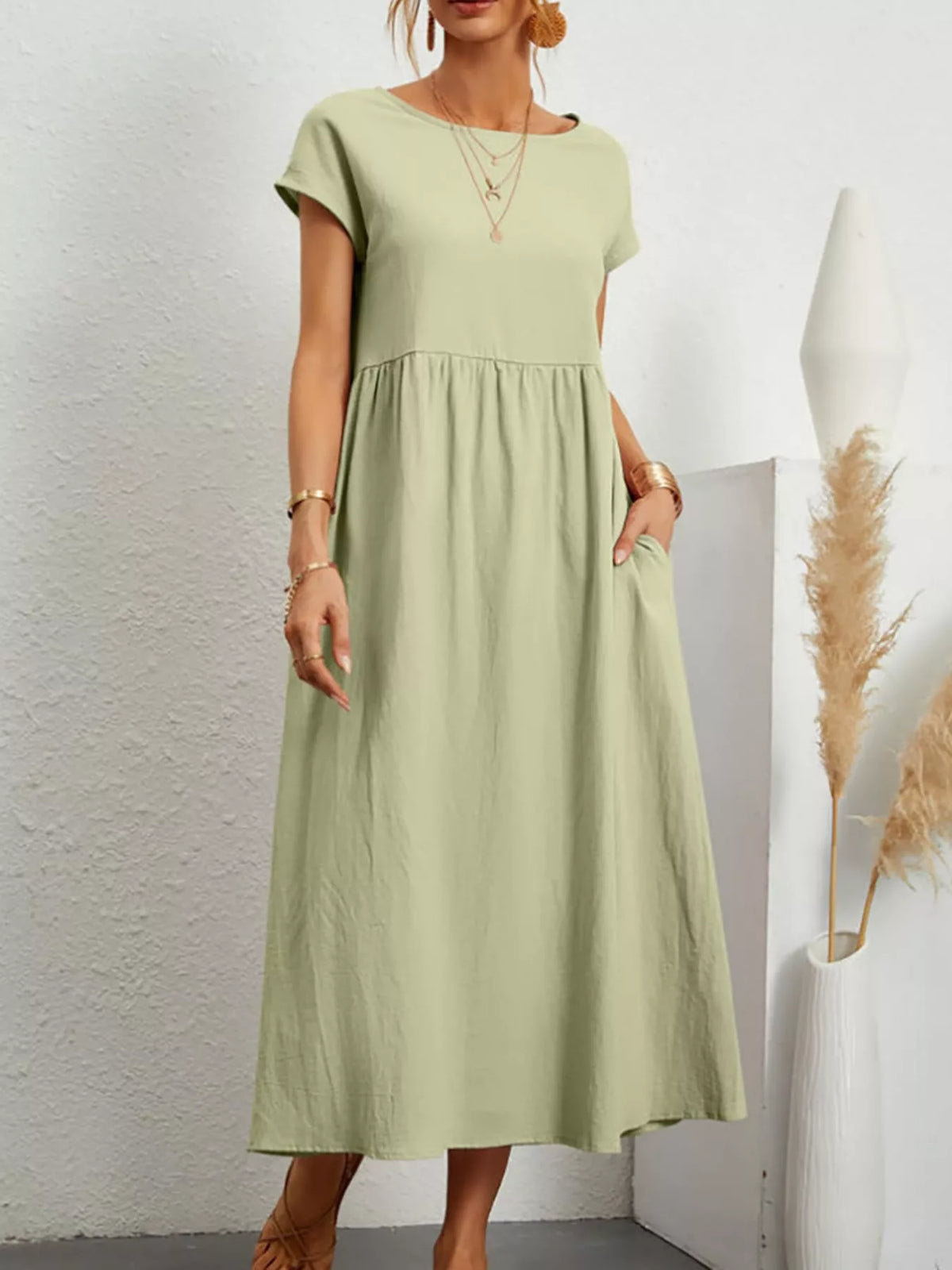 Round neck short sleeve midi dress, front view on model