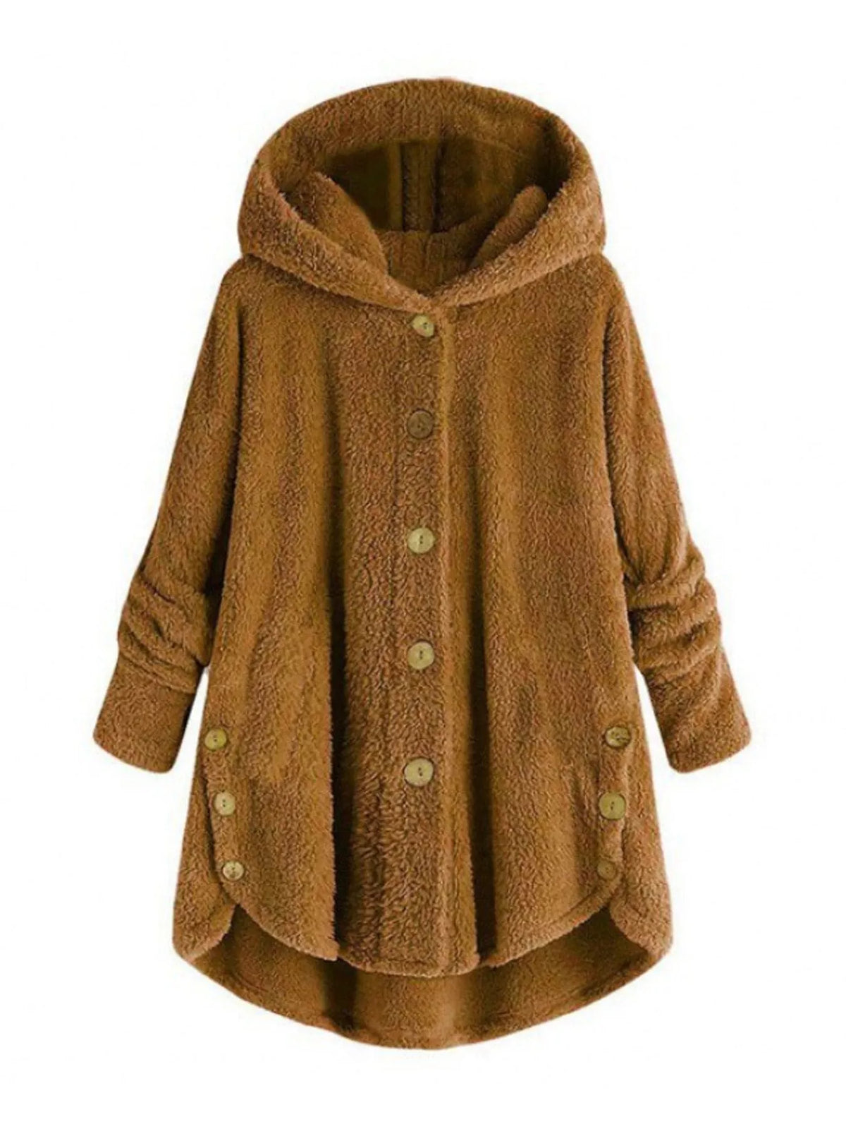 Camel fleece button-up hooded jacket with curved high-low hem