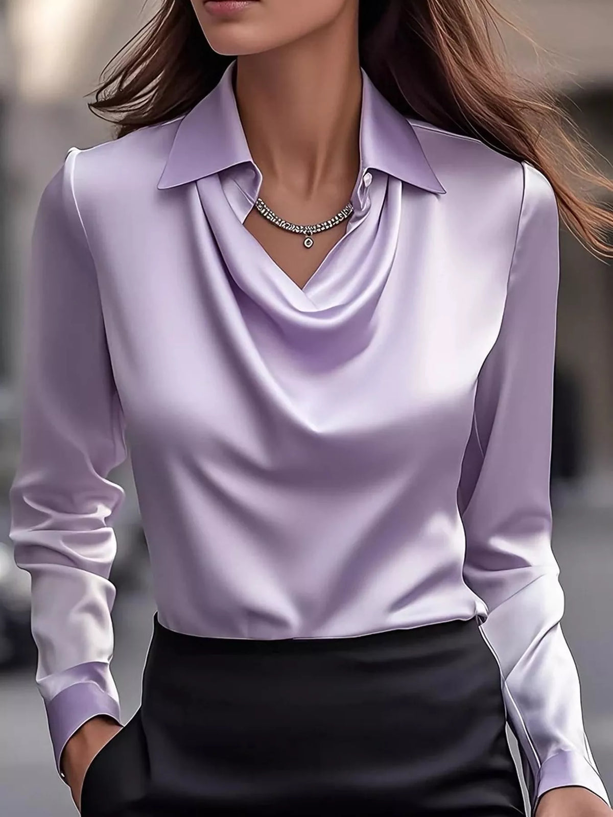 Lavender satin cowl neck blouse