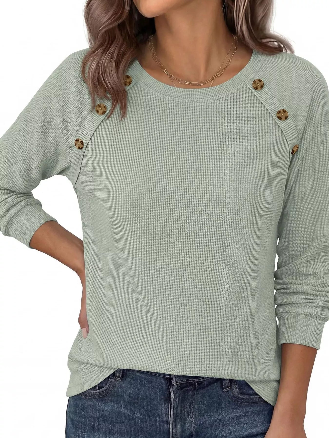 Trendsi Decorative Button Waffle Knit Long Sleeve T-Shirt -
