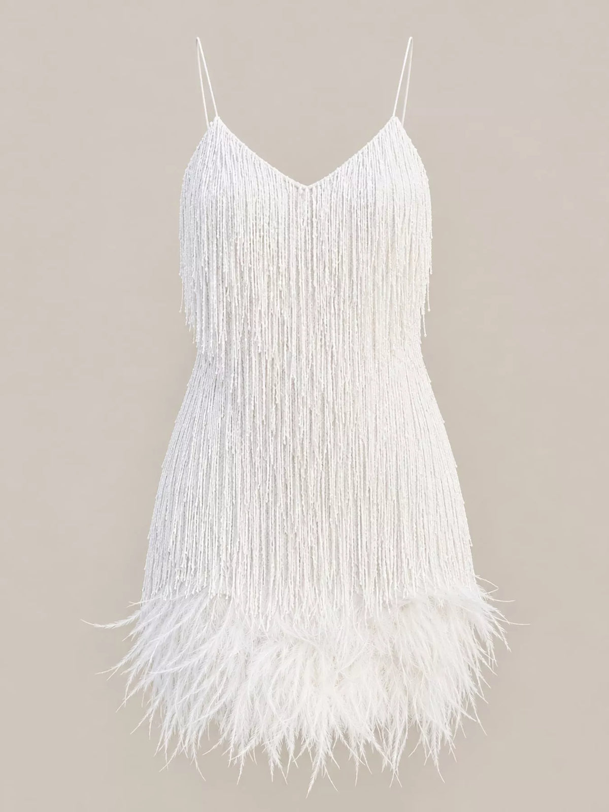 White feather fringe sequin mini dress, front view