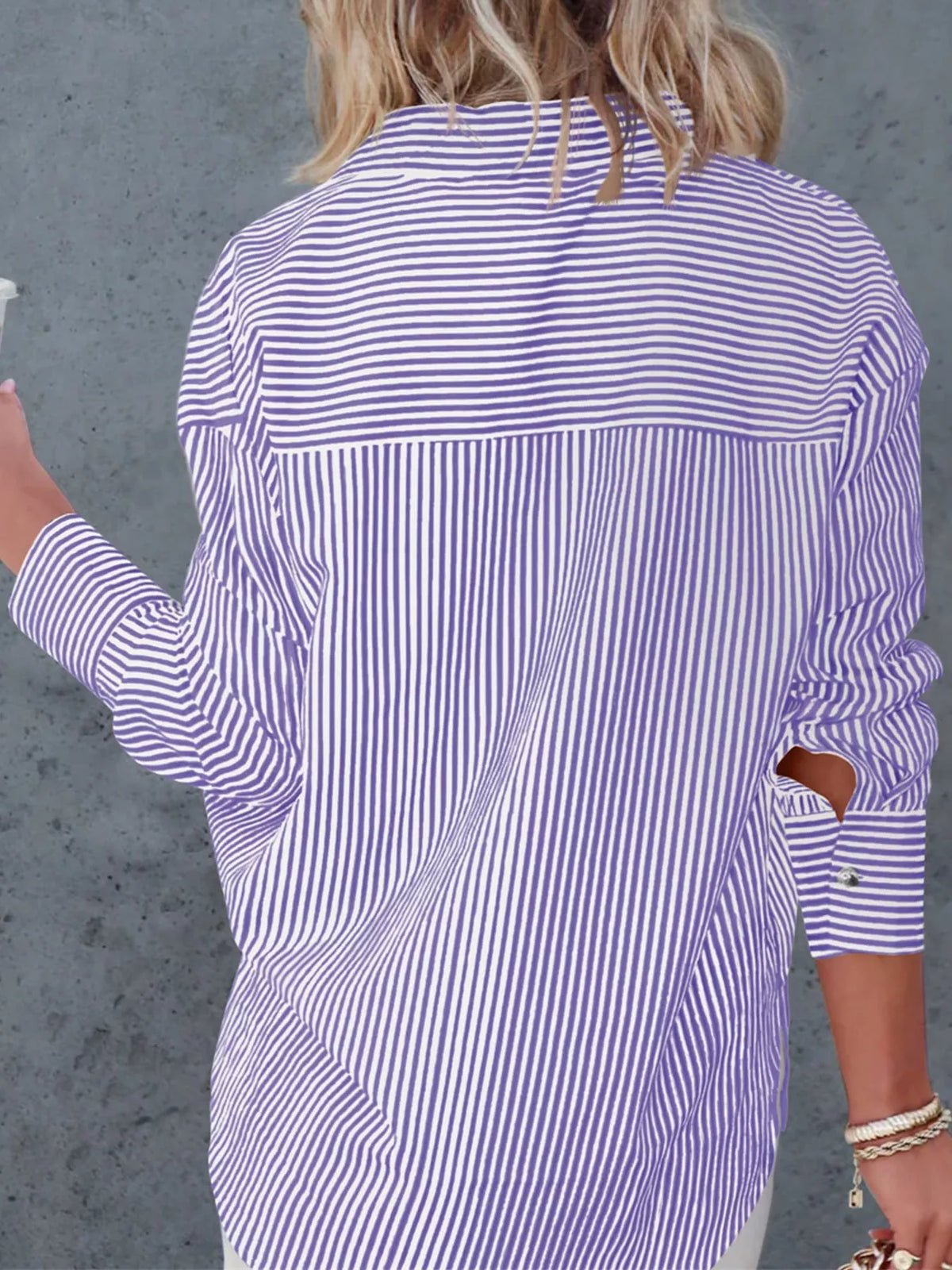 Purple striped button-down shirt, back view