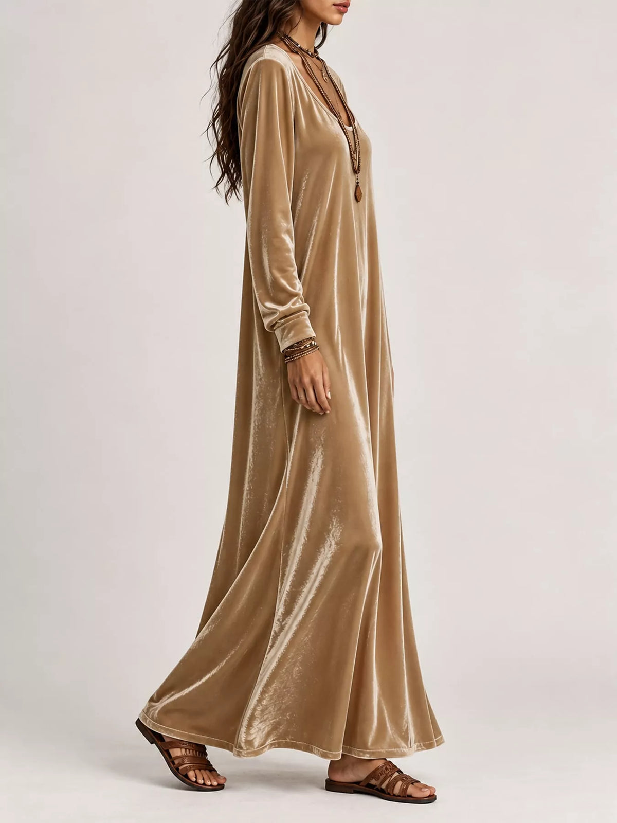 Velvet maxi dress, tan side