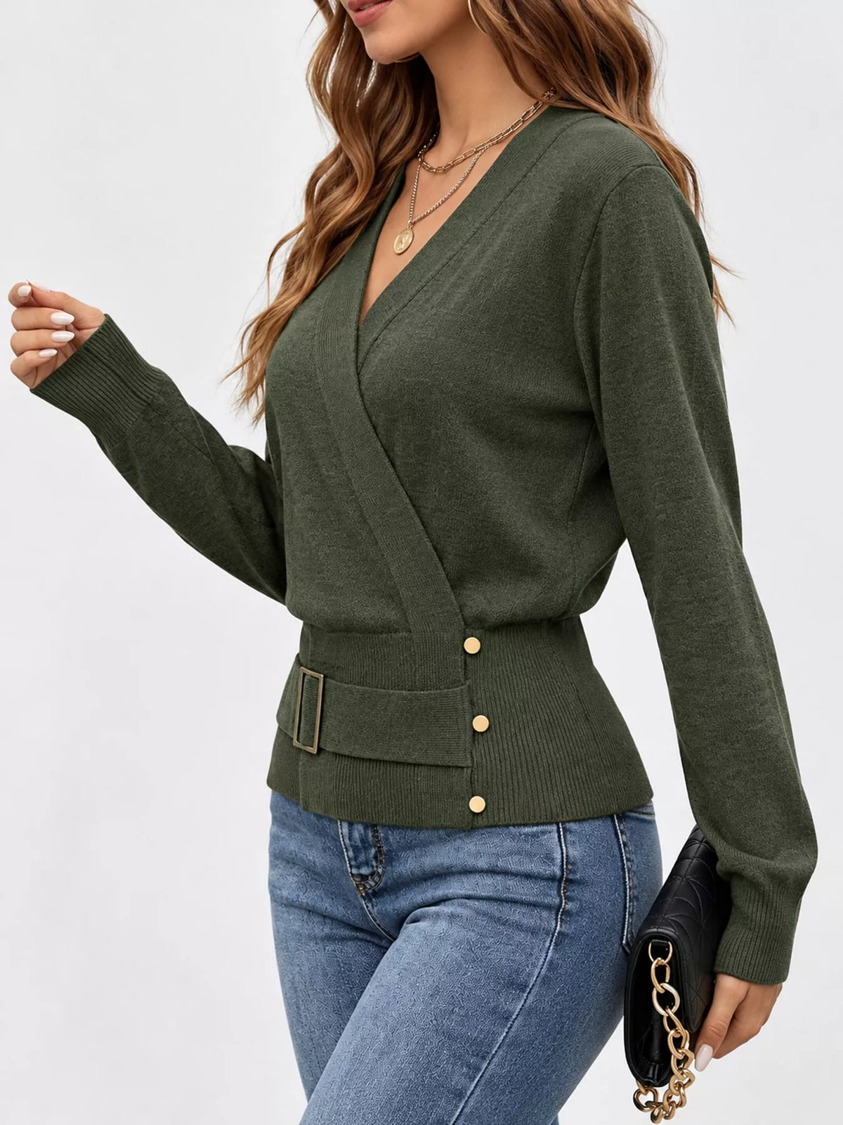 Surplice knit top, olive side