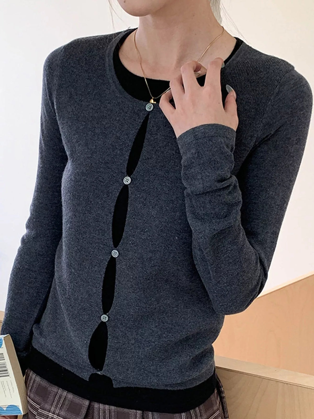 Layered knit top, gray neckline detail
