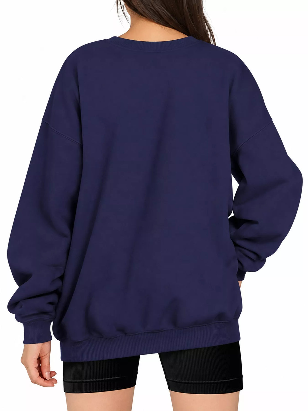 Ribbed Trim Crew Neck Sweatshirt in navy, back view